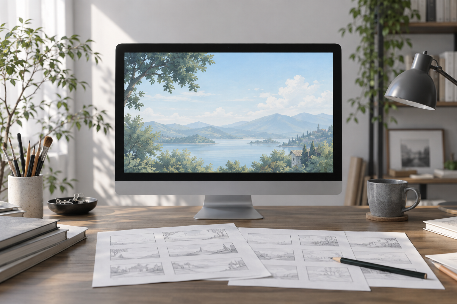 アニメーションの風景と絵コンテを配した映像制作のイメージ